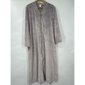 Adonna Sleepwear XL Mauve Floral Embossed Velour Zip Front Long Robe Pockets